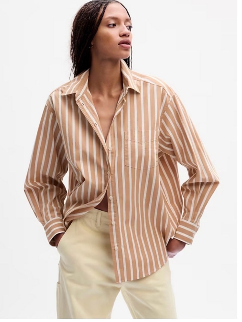 GAP The Big Shirt Beige and White Vertical Stripe Button-Down Shirt size XS.